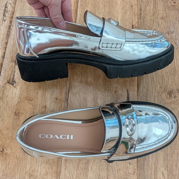 Coach Metallic Silver Chunky Heeled Loafers - Picture 6 of 7